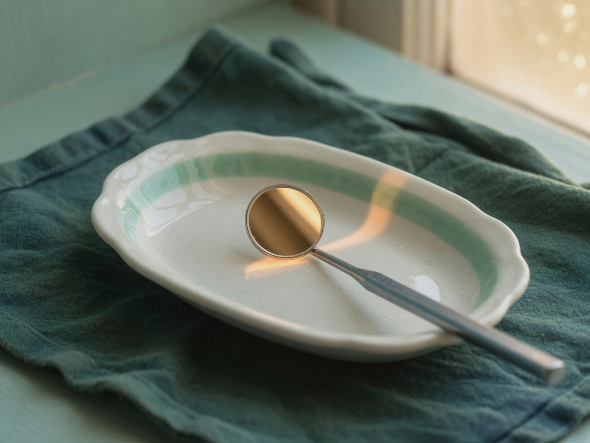 Espejo dental sobre una bandeja de porcelana, junto a una ventana. Imagen de propuesta.