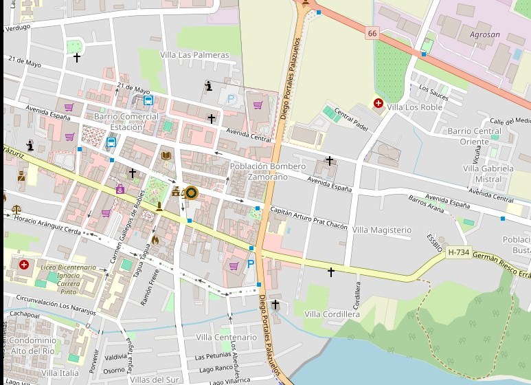 Mapa de San Vicente de Tagua Tagua con un marcador sobre Capitán Arturo Prat Chacón, frente al Banco de Chile.
